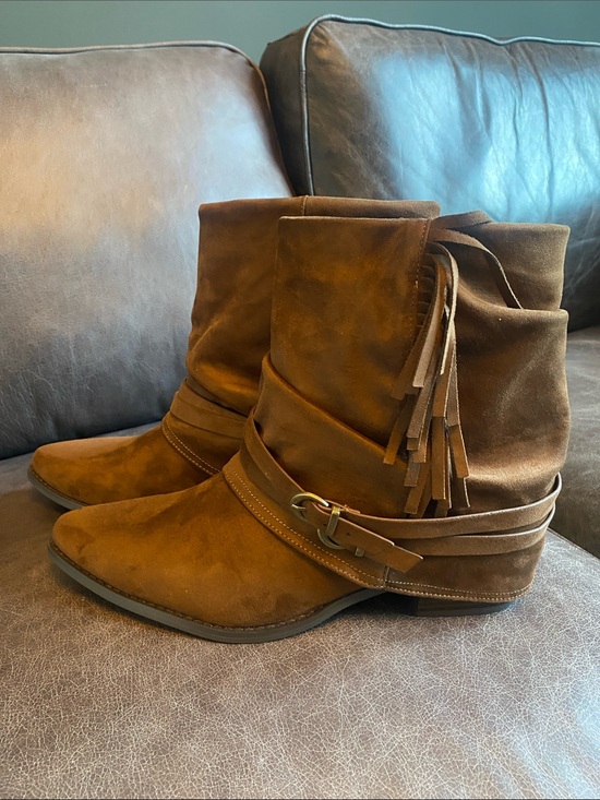 Call It Spring Shoes - Women's Brown Faux Suede Fringe Ankle Booties with Wrap Straps